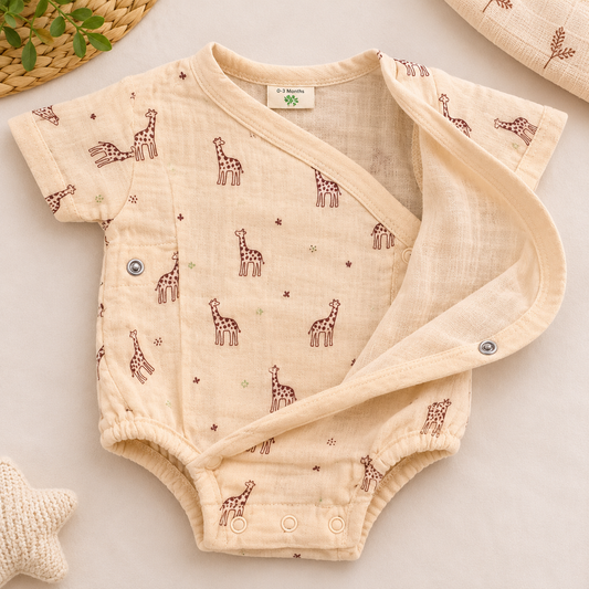 100% Pure Muslin Baby Romper – Giraffe Print