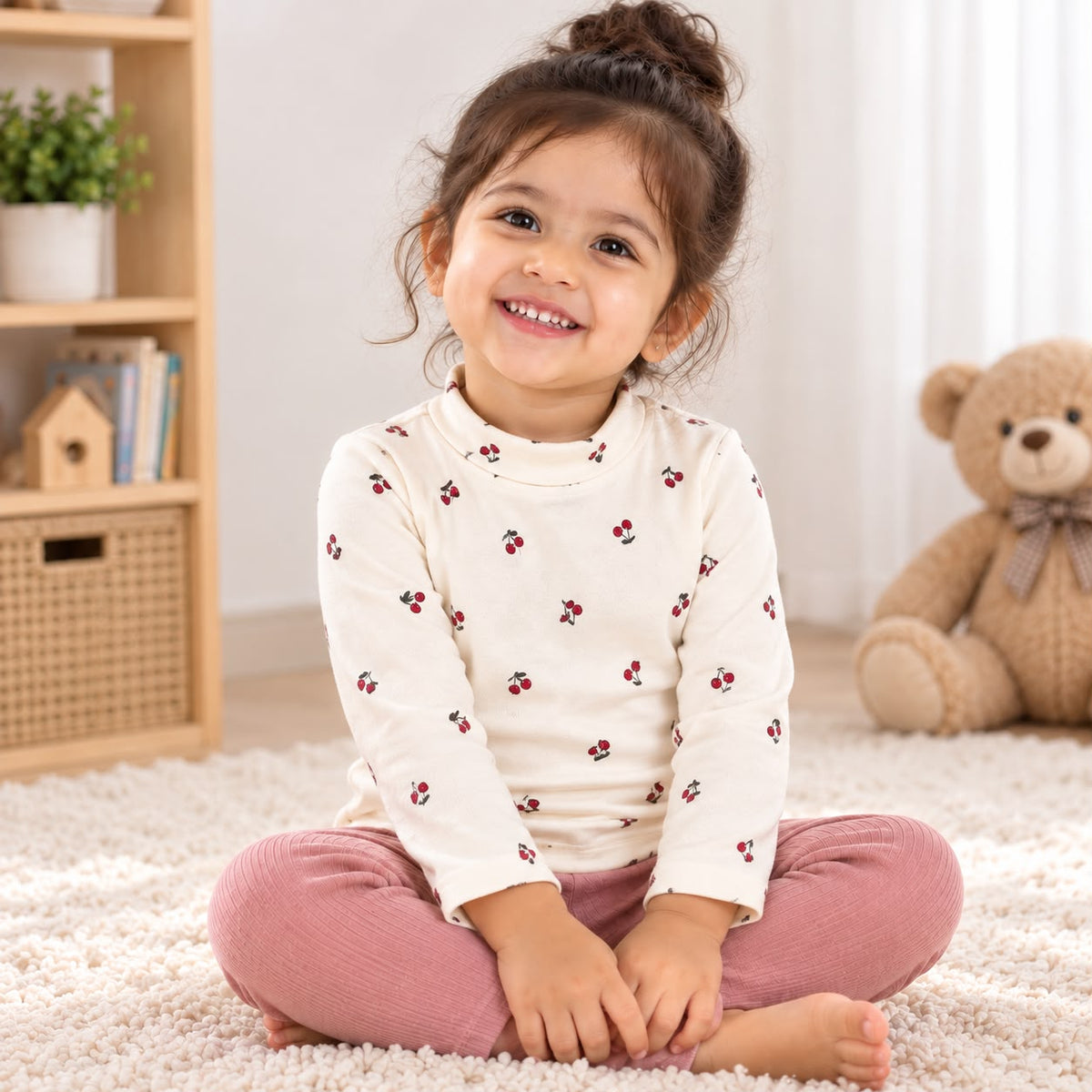 Cute Cherry Print Full Sleeve Cotton T-Shirt for Baby Girls | 0β3 Months to 3 Years