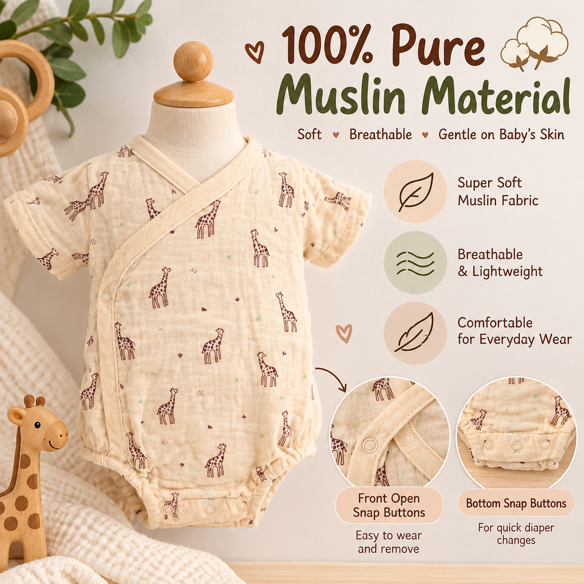 100% Pure Muslin Baby Romper – Giraffe Print