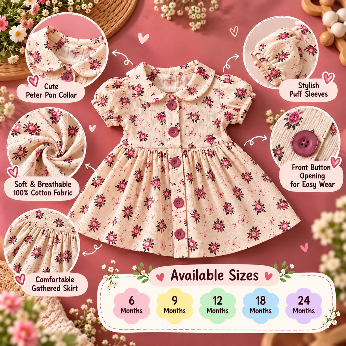 Girls Floral Cotton Dress β Peter Pan Collar & Puff Sleeves