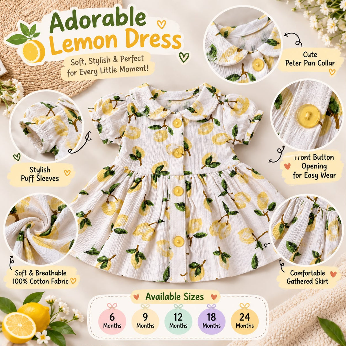 Girls Lemon Print Cotton Dress ā Peter Pan Collar & Puff Sleeves