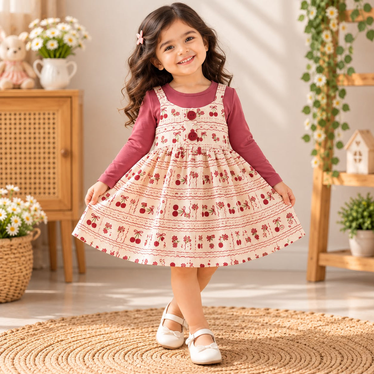 Mauve Floral Girls 2-Piece Floral Dress Set with T-Shirt | Stylish Cotton Outfit
