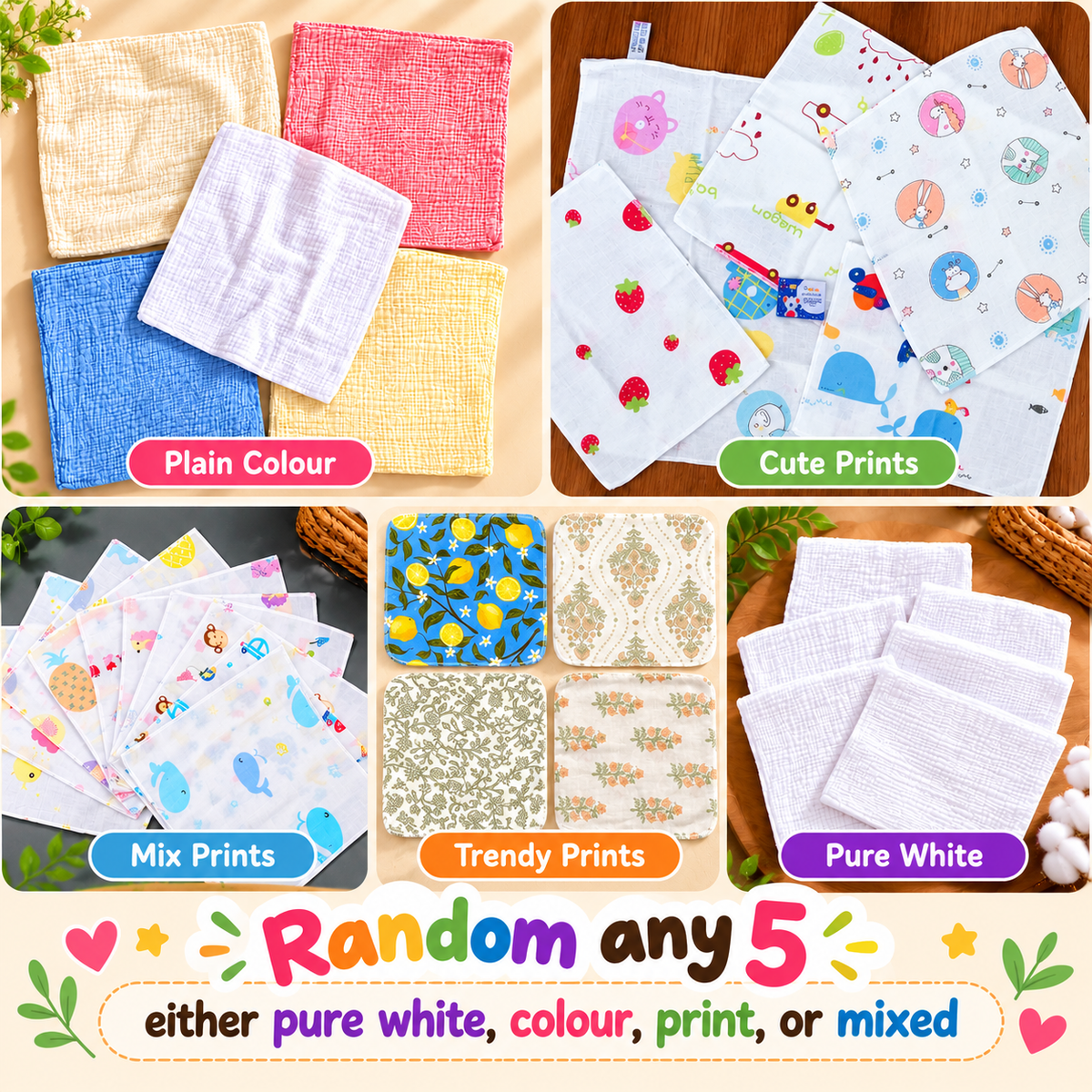 Small - Muslin 2 layer cotton Baby Wipes / Newborn Napkin Random Prints(Pack of Any 5)8*8 Inches