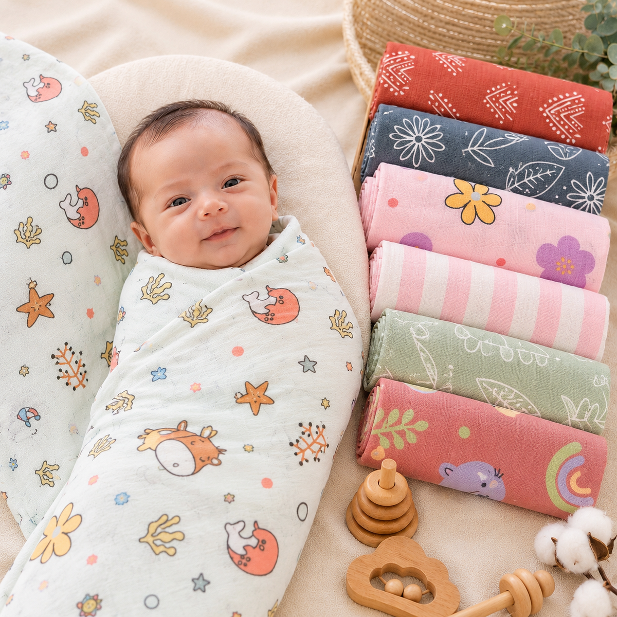 Premium Colorful Muslin Baby Towels | Soft, Breathable & Gentle Cotton Towels for Newborns & Kids