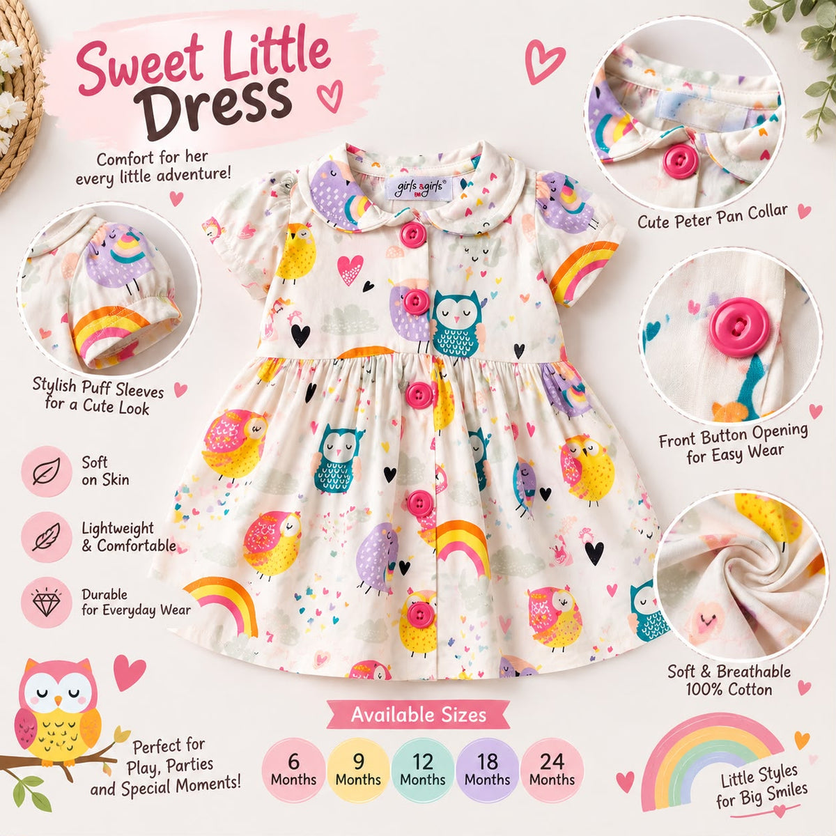 Premium Soft Cotton Collar Frock for Little Girls Cute Owl & Rainbow Print