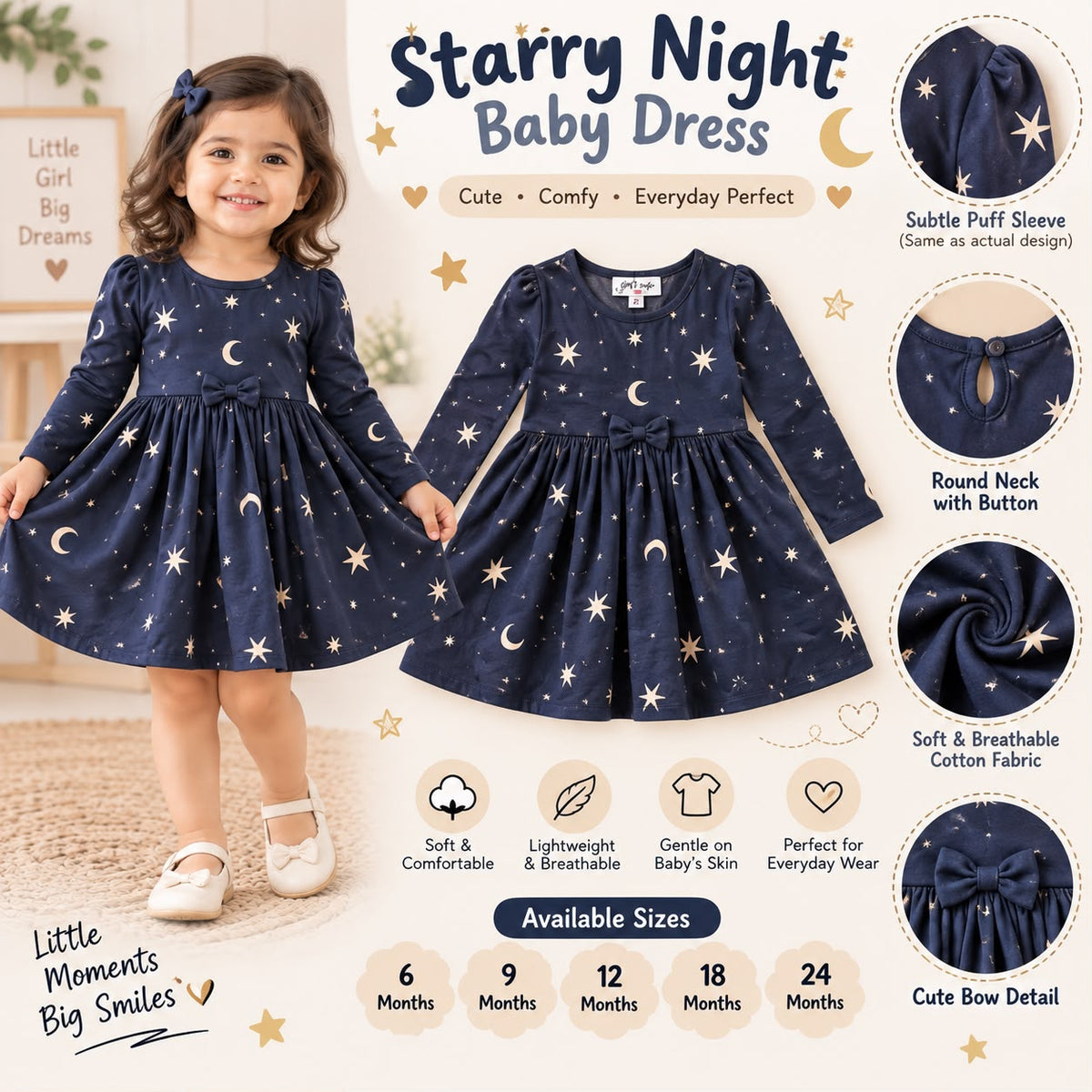 Premium Moon & Star Print 100% Cotton Baby Frock | Soft & Comfortable Girls Dress