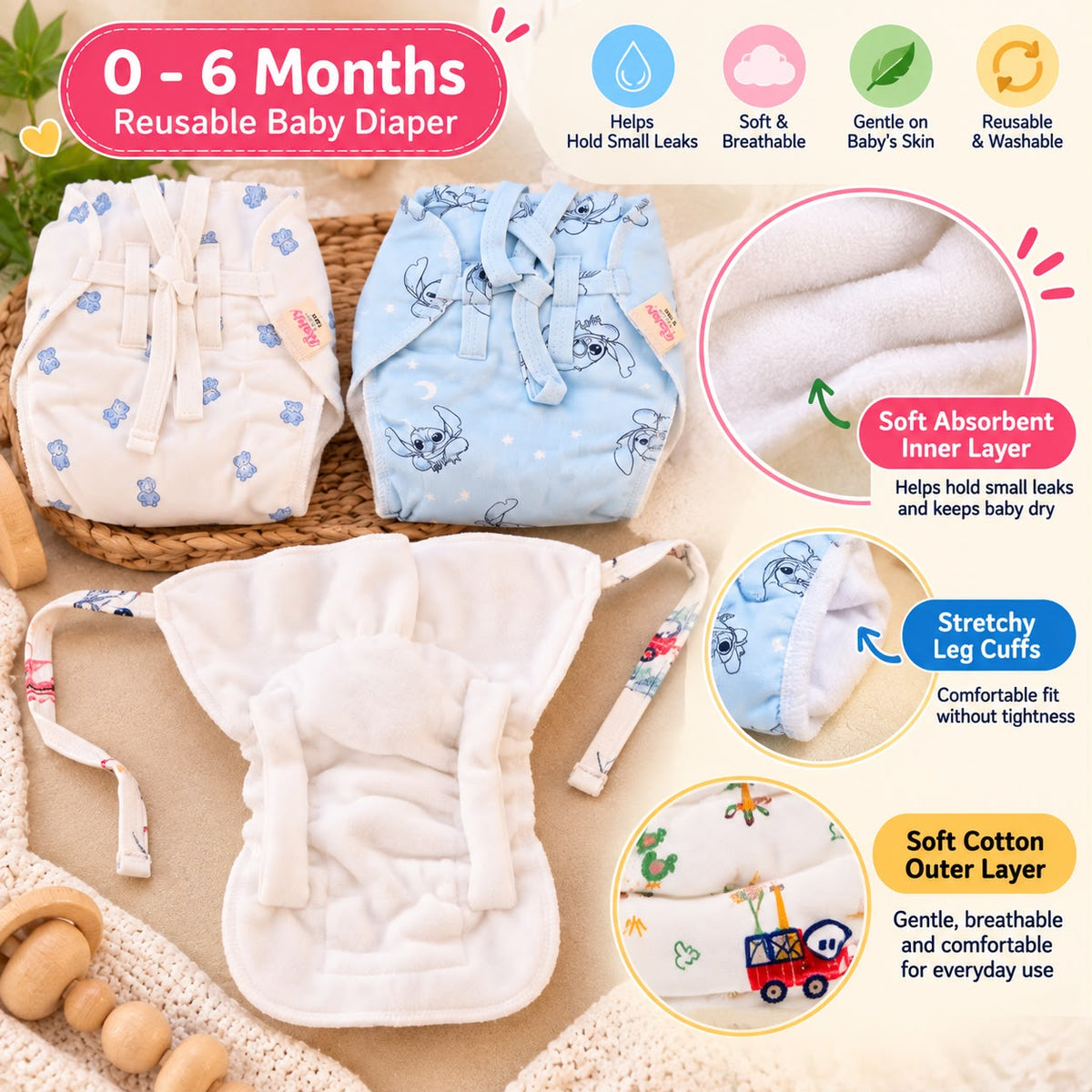 Thick Reusable Baby Diaper Nappy / Longood β Soft & Absorbent | 0β6 Months- Any 1