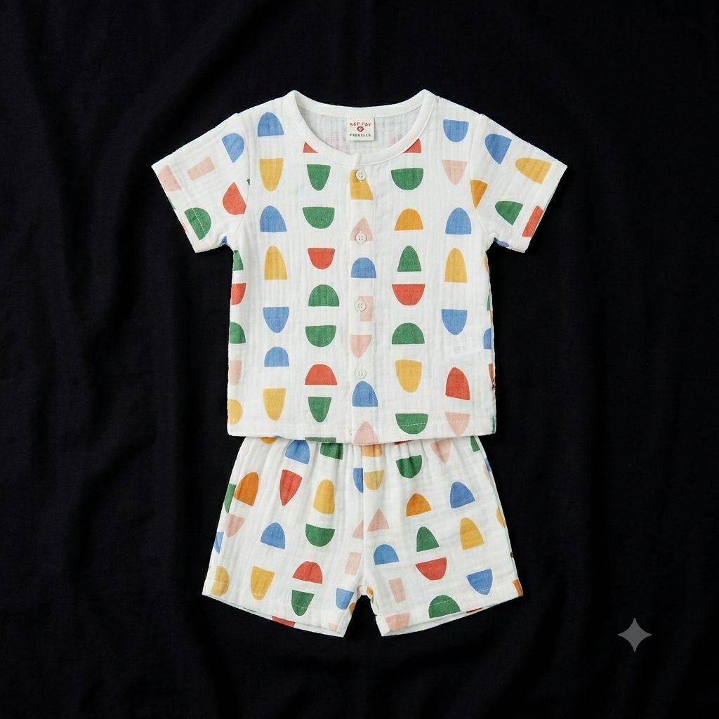 Crinkle Muslin Printed Half sleeve Button Jabla and Shorts Co-ords Set for Baby-(6-12 Month) Any 1 set