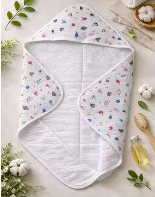 4 Layer Thick Baby Muslin Hooded Cap Towel - Any 1 Random Print -size 30*25 Inches