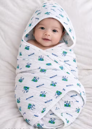 4 Layer Thick Baby Muslin Hooded Cap Towel - Any 1 Random Print -size 30*25 Inches