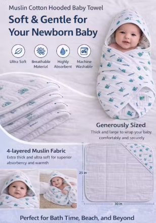 4 Layer Thick Baby Muslin Hooded Cap Towel - Any 1 Random Print -size 30*25 Inches