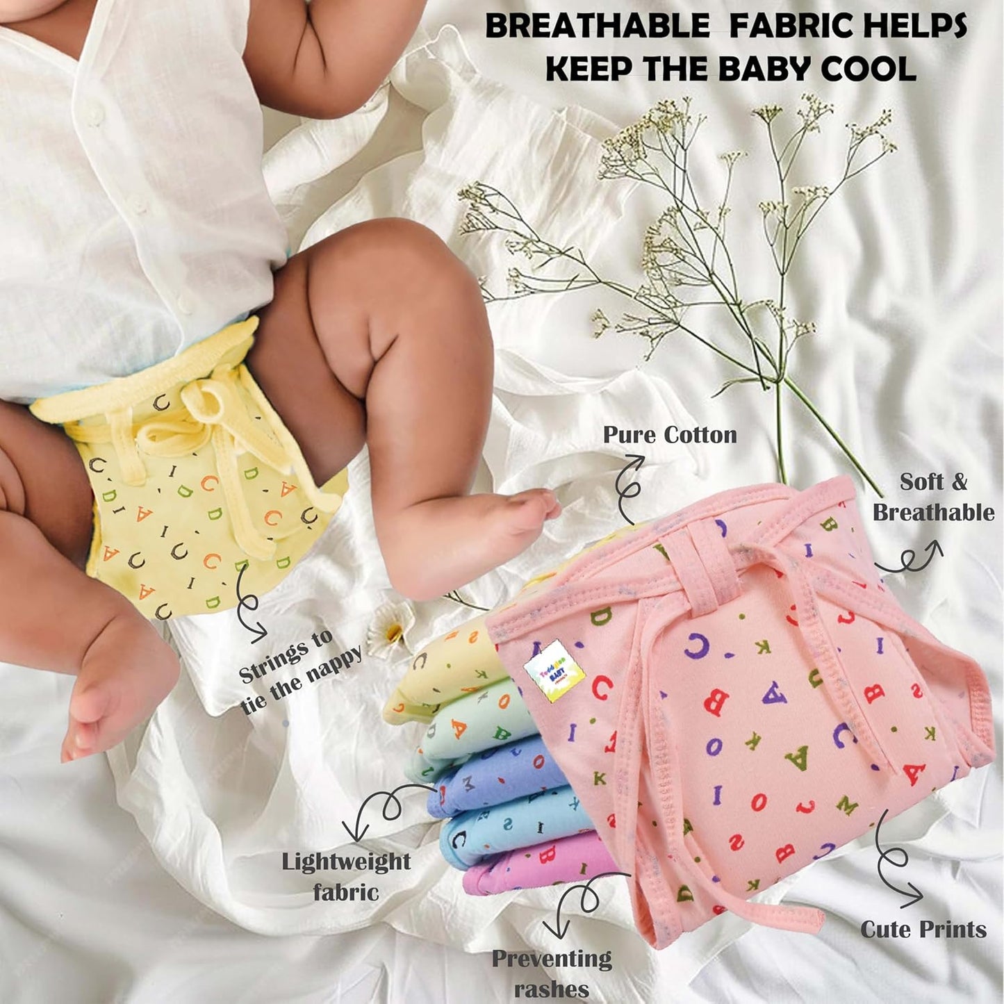 (5 pieces) Soft New Born Baby's Cloth Diapers | Langot | Nappy | Cotton | Washable | Reusable - Multicolor