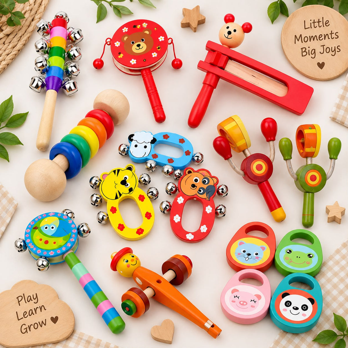 Any 5 Wooden Rattles – Assorted Collection | Baby Sensory Toys