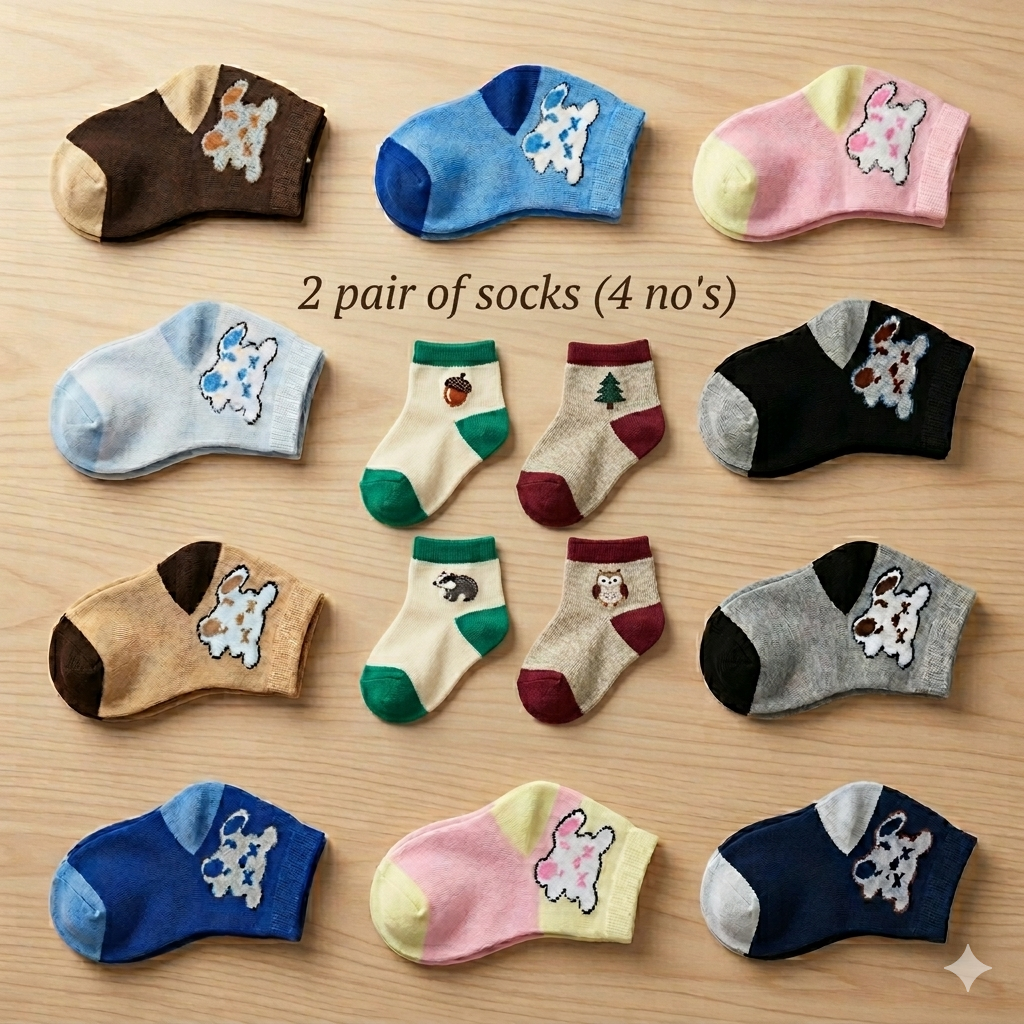 Baby Cartoon Animal Socks (4 no's /Any 2 Pairs)