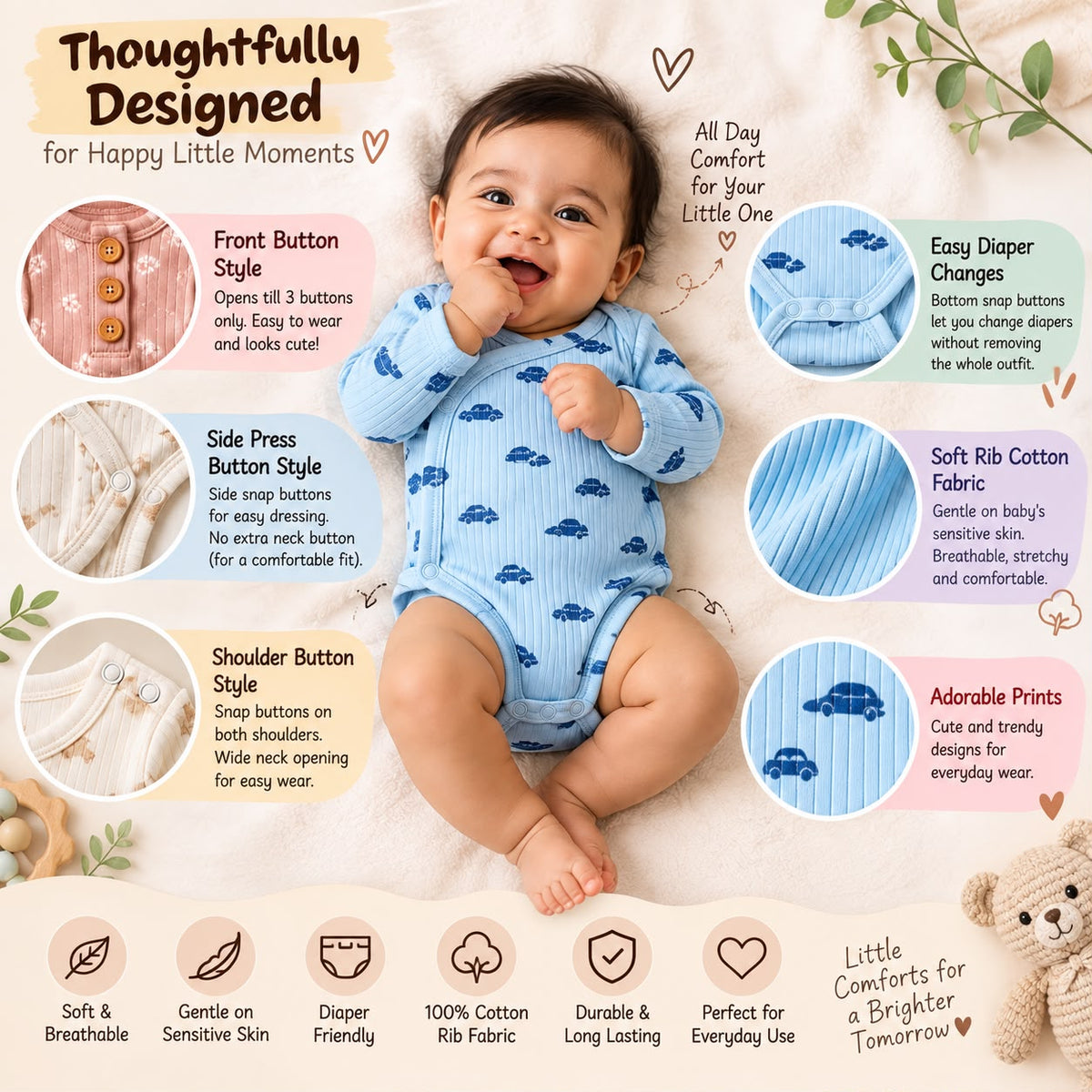 Baby Ribbed Cotton Romper – Full Sleeve Any 1 Random Model Dispatch