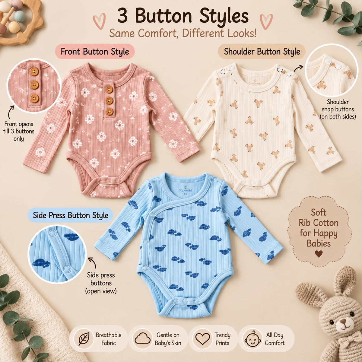 Baby Ribbed Cotton Romper – Full Sleeve Any 1 Random Model Dispatch