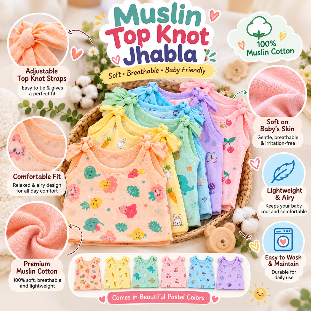Baby Soft Muslin Jabla White Top Knot ( tying ) pack of 3 - Random Prints
