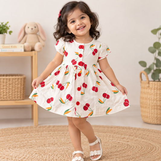 Premium Cherry Print 100% Cotton Baby Frock | Soft & Comfortable Girls Dress