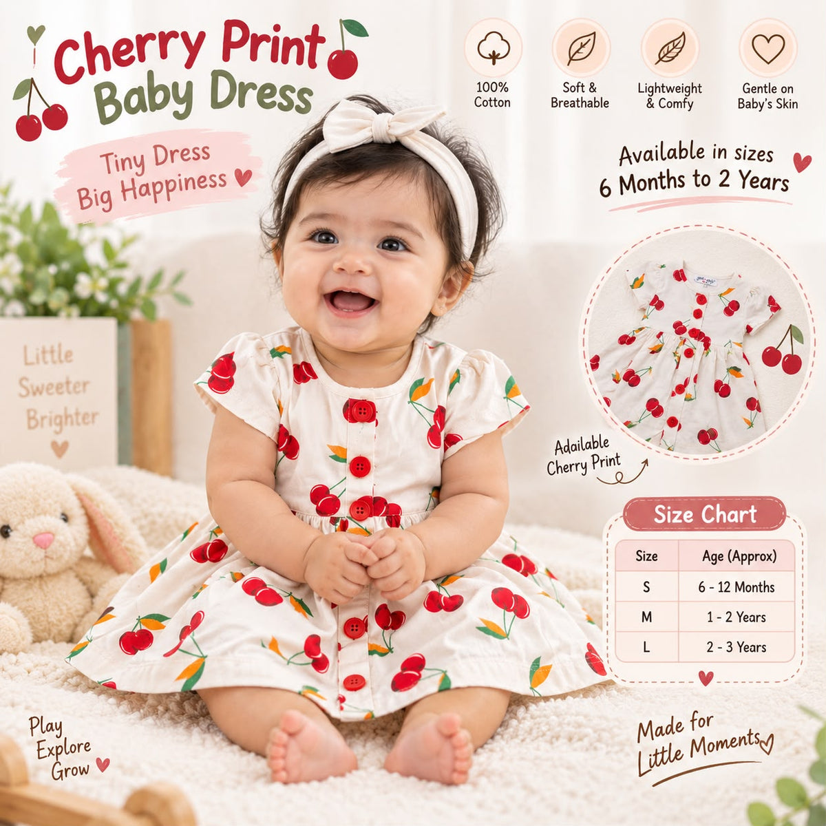 Premium Cherry Print 100% Cotton Baby Frock | Soft & Comfortable Girls Dress