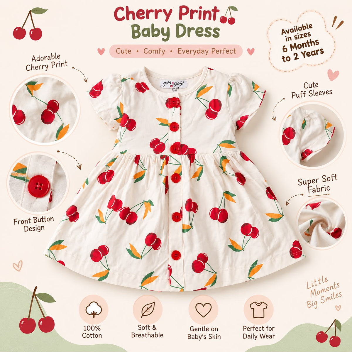 Premium Cherry Print 100% Cotton Baby Frock | Soft & Comfortable Girls Dress