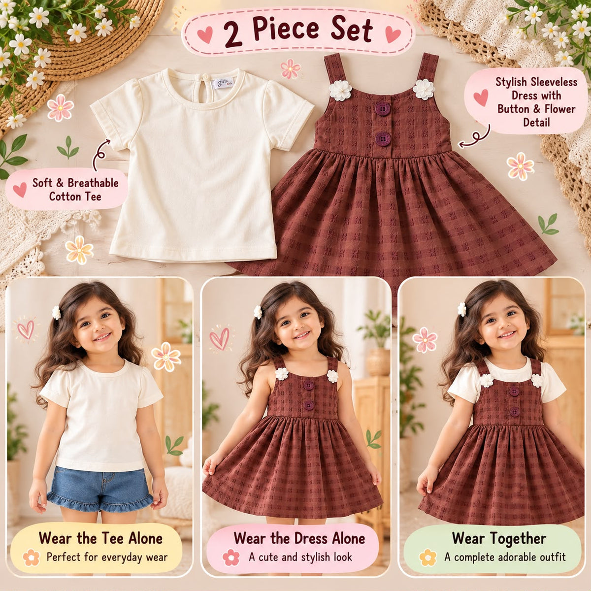 Coffee Brown Girls 2-Piece Cotton Dress Set – Sleeveless Pinafore Dress with Soft Cotton T-Shirt