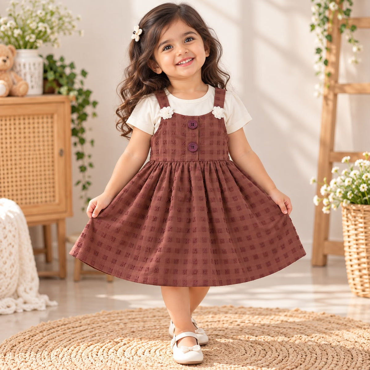 Coffee Brown Girls 2-Piece Cotton Dress Set – Sleeveless Pinafore Dress with Soft Cotton T-Shirt