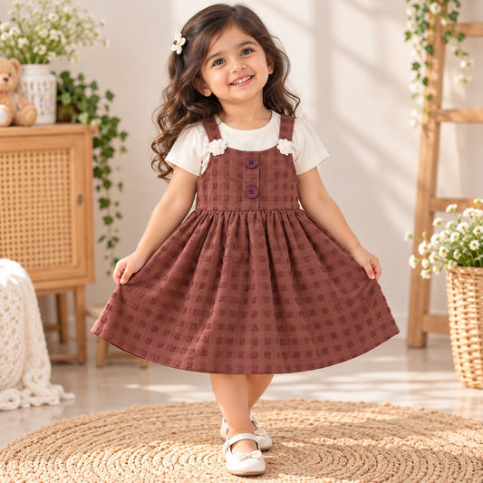 Coffee Brown Girls 2-Piece Cotton Dress Set – Sleeveless Pinafore Dress with Soft Cotton T-Shirt