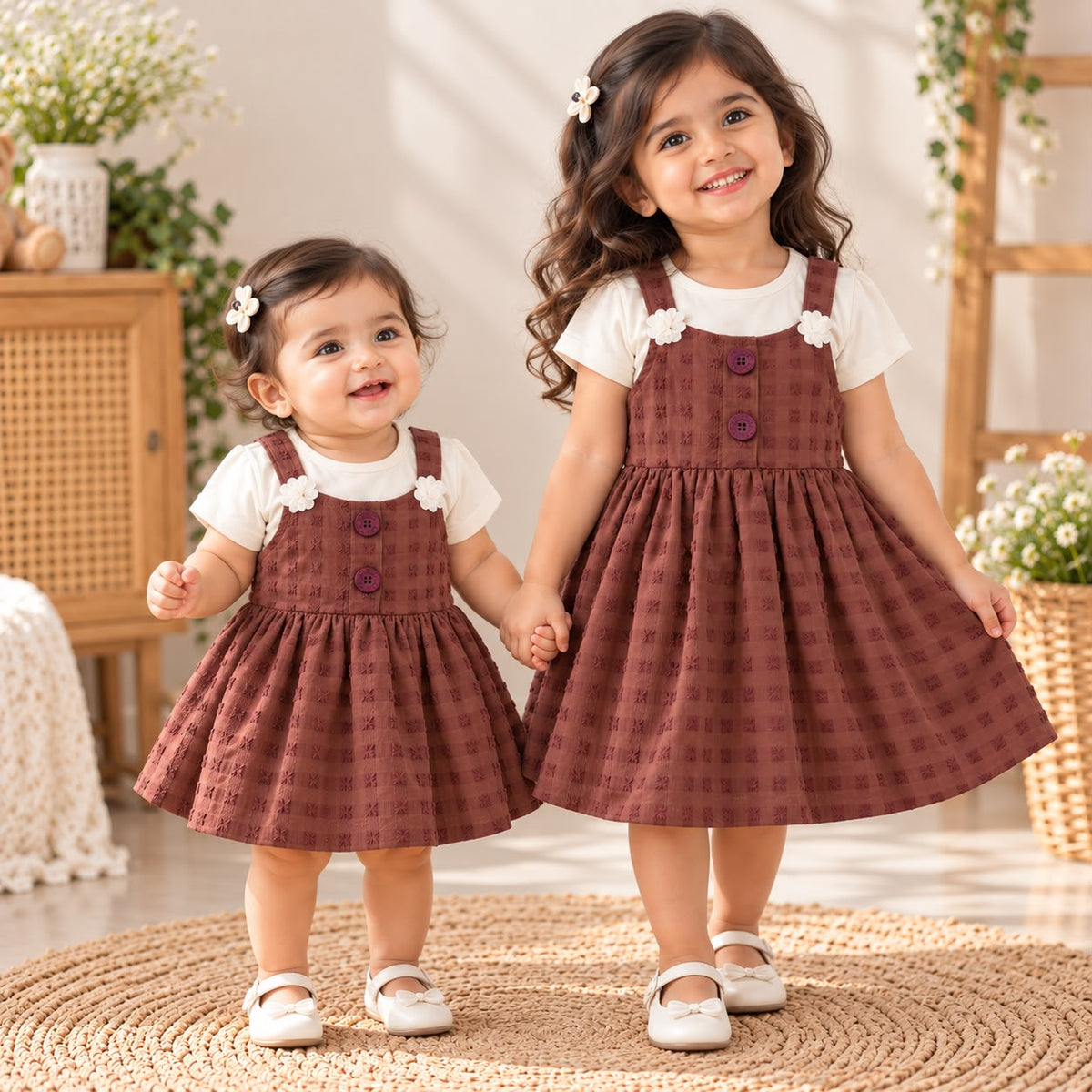 Coffee Brown Girls 2-Piece Cotton Dress Set – Sleeveless Pinafore Dress with Soft Cotton T-Shirt