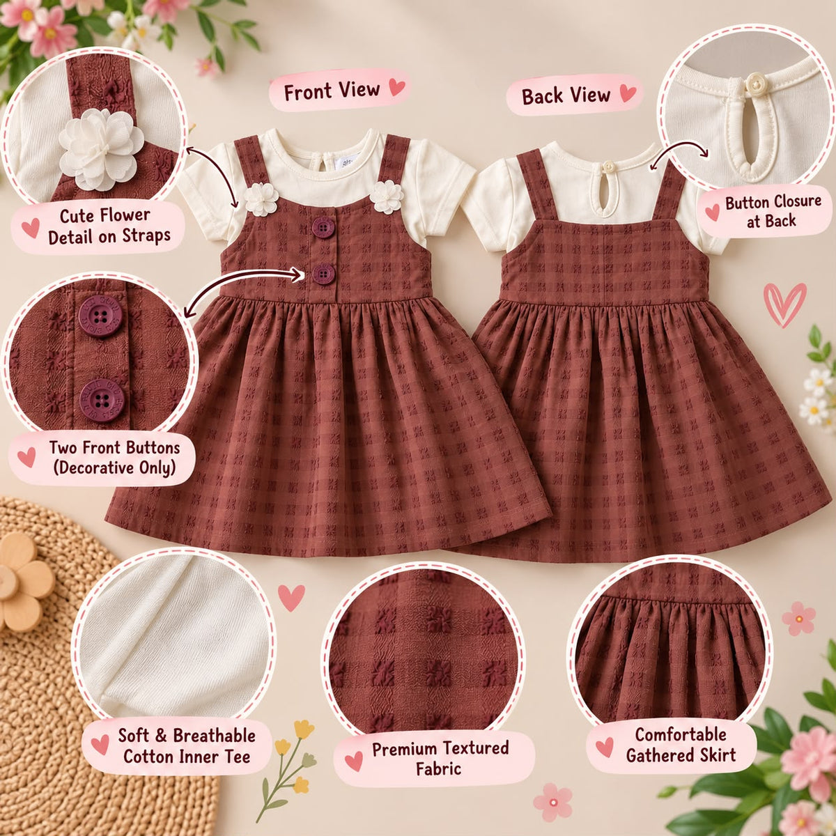 Coffee Brown Girls 2-Piece Cotton Dress Set – Sleeveless Pinafore Dress with Soft Cotton T-Shirt