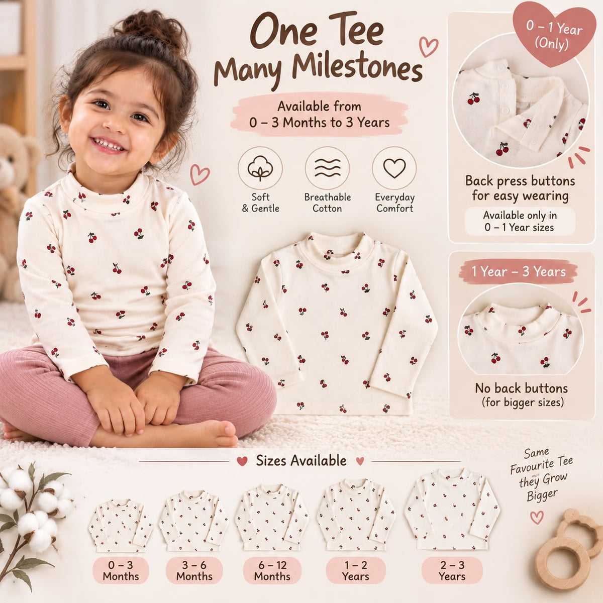 Cute Cherry Print Full Sleeve Cotton T-Shirt for Baby Girls | 0–3 Months to 3 Years