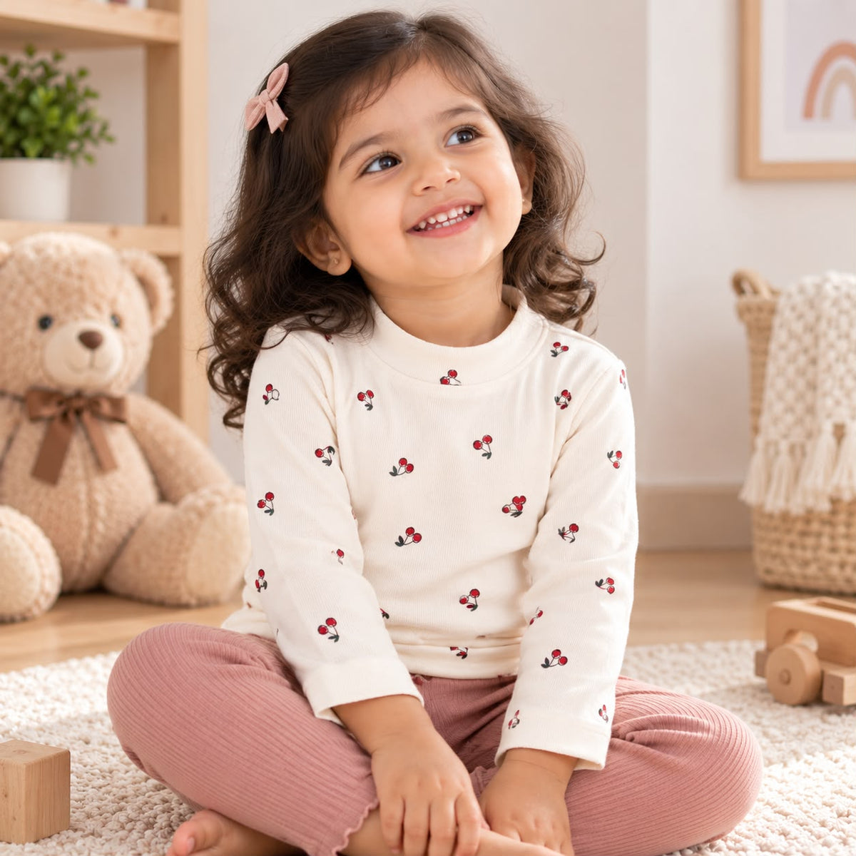 Cute Cherry Print Full Sleeve Cotton T-Shirt for Baby Girls | 0–3 Months to 3 Years
