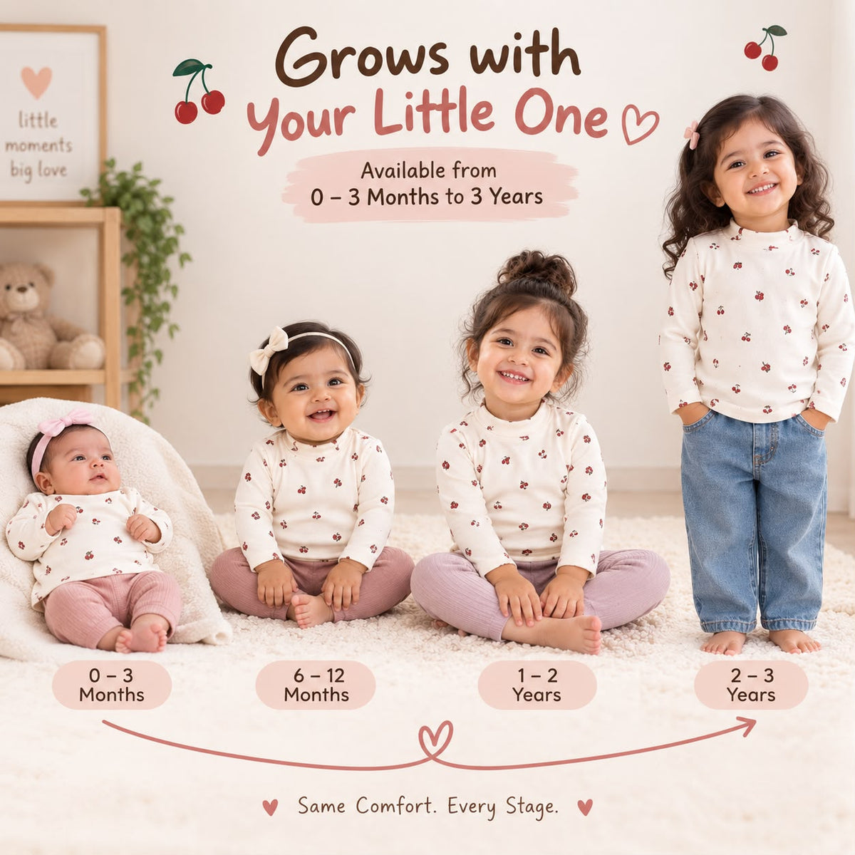 Cute Cherry Print Full Sleeve Cotton T-Shirt for Baby Girls | 0–3 Months to 3 Years