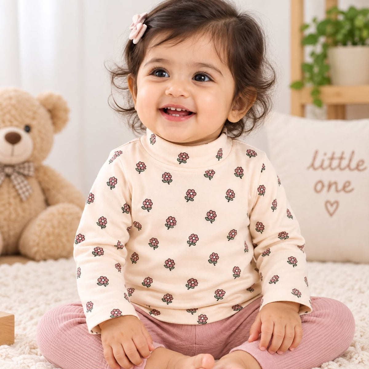 Cute Floral Print Full Sleeve Cotton T-Shirt for Baby Girls | 0–3 Months to 3 Years