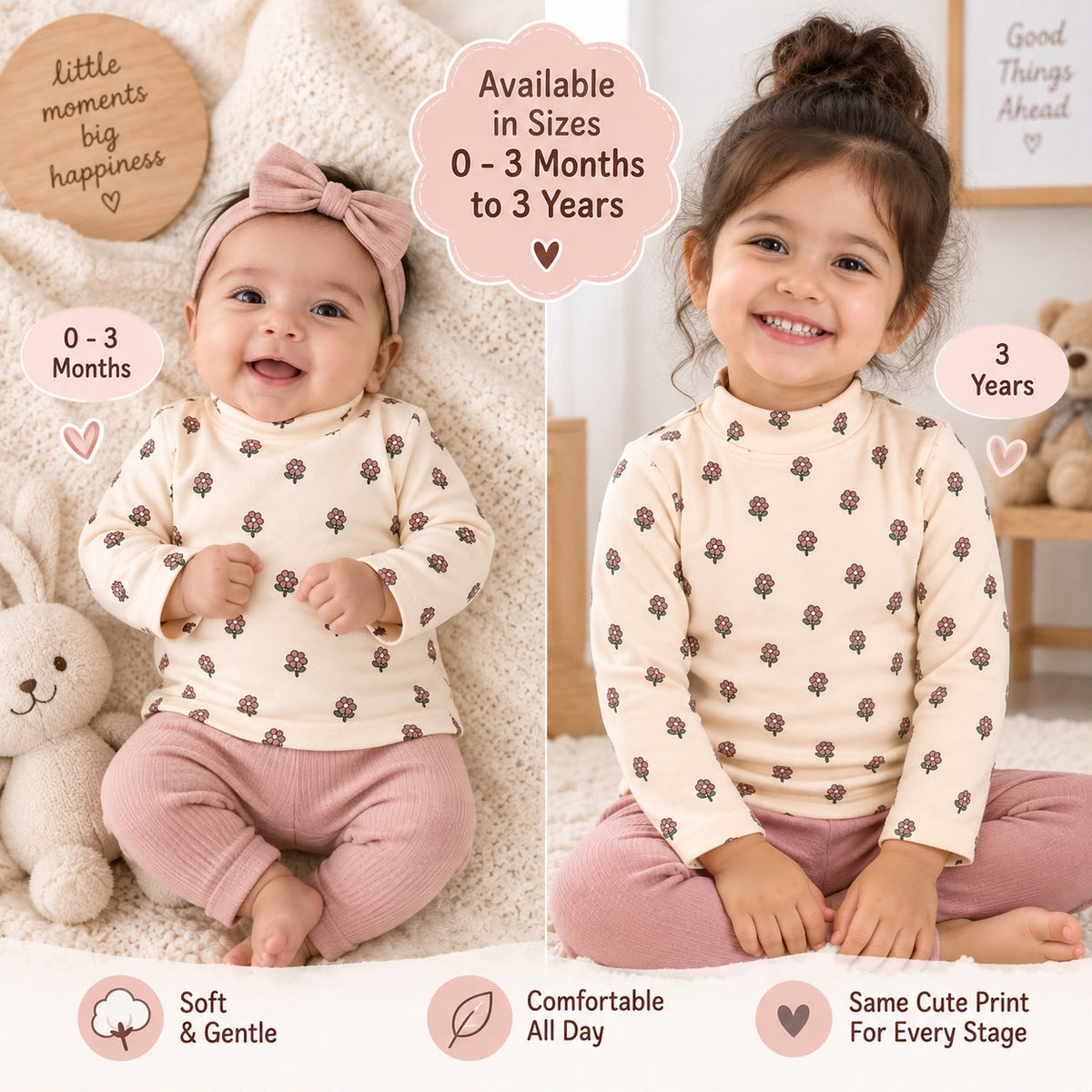Cute Floral Print Full Sleeve Cotton T-Shirt for Baby Girls | 0–3 Months to 3 Years