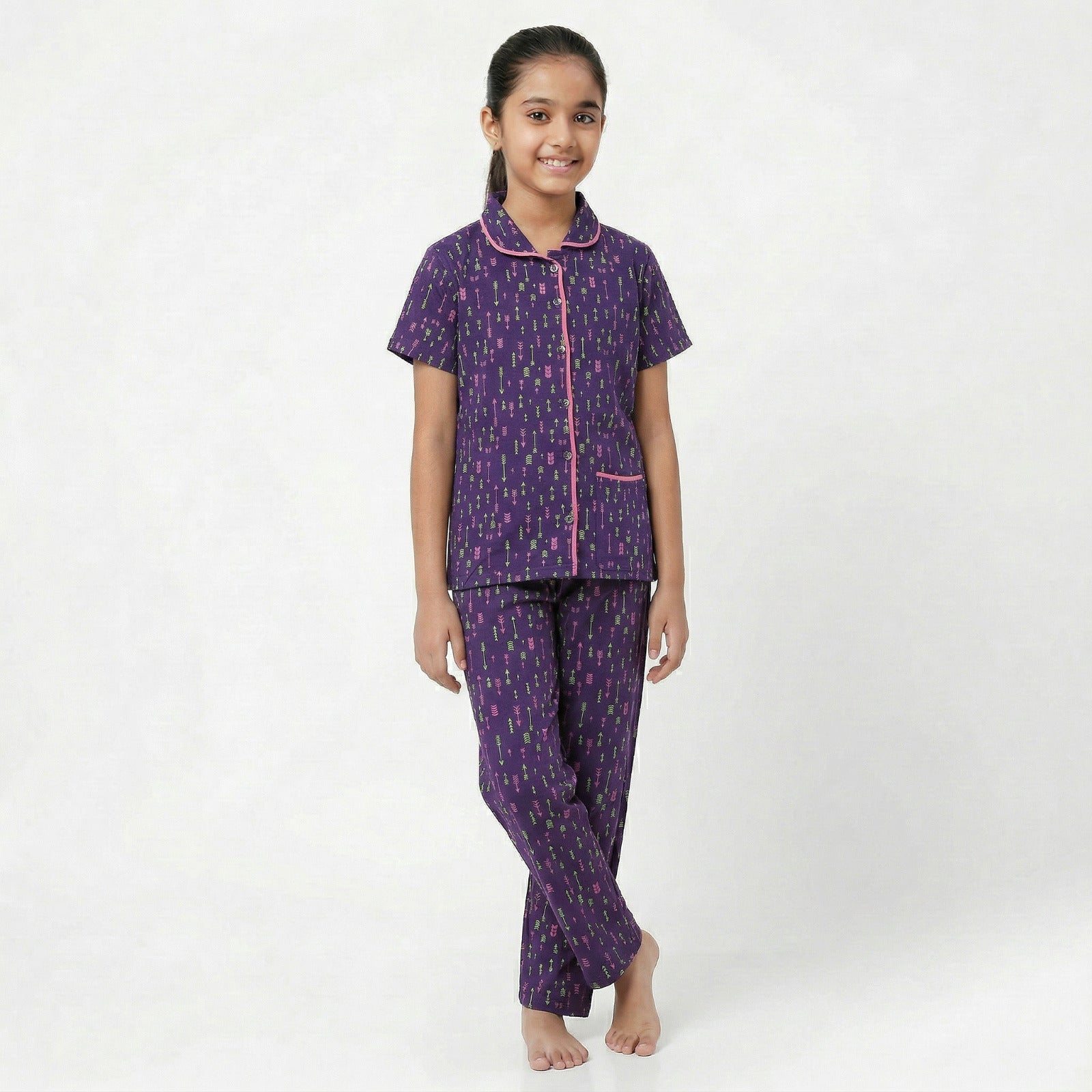 Cute wear Night Suit Cotton Night Dress of Shirt and Pajama Set (Colarset) - Any 1 Color Random