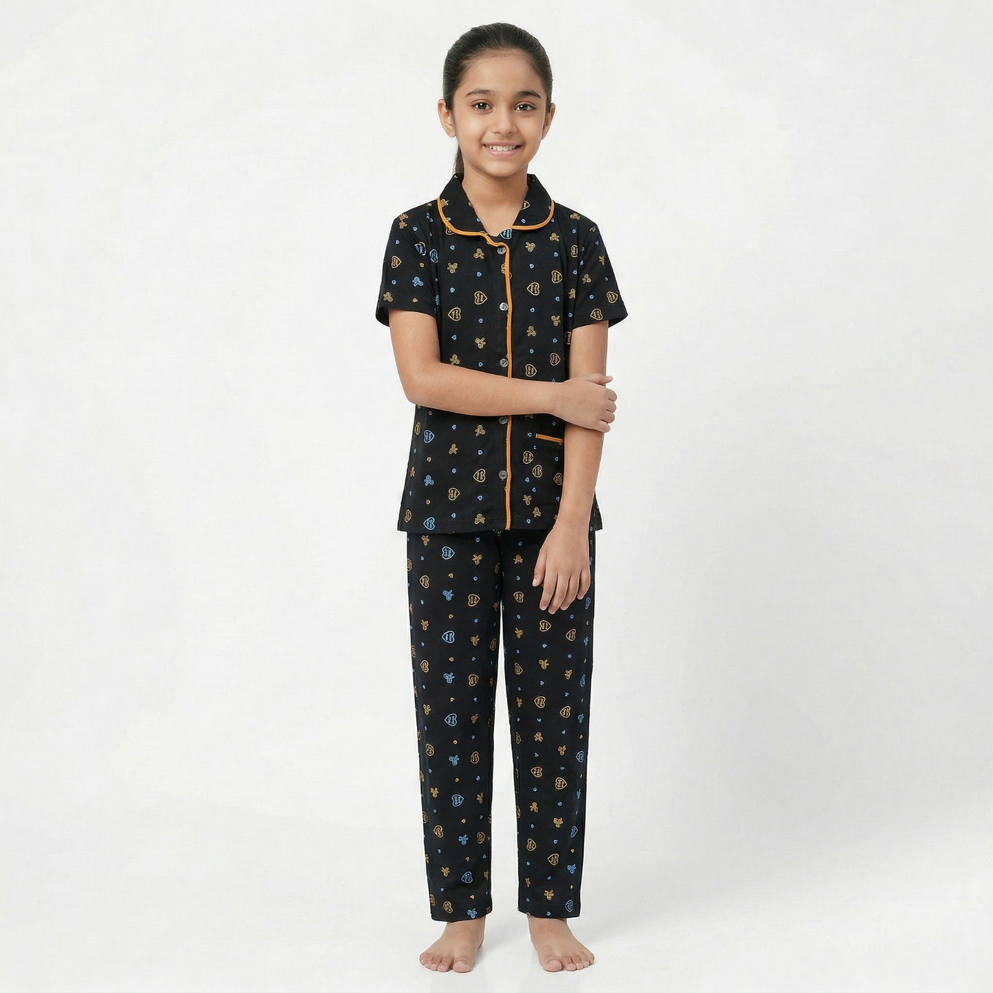 Girls Cute wear Night Suit Cotton Night Dress of Shirt and Pajama Set (Collarset) - Any 1 Color Random