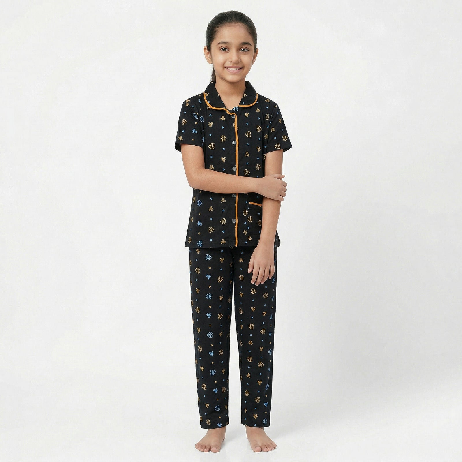 Cute wear Night Suit Cotton Night Dress of Shirt and Pajama Set (Colarset) - Any 1 Color Random