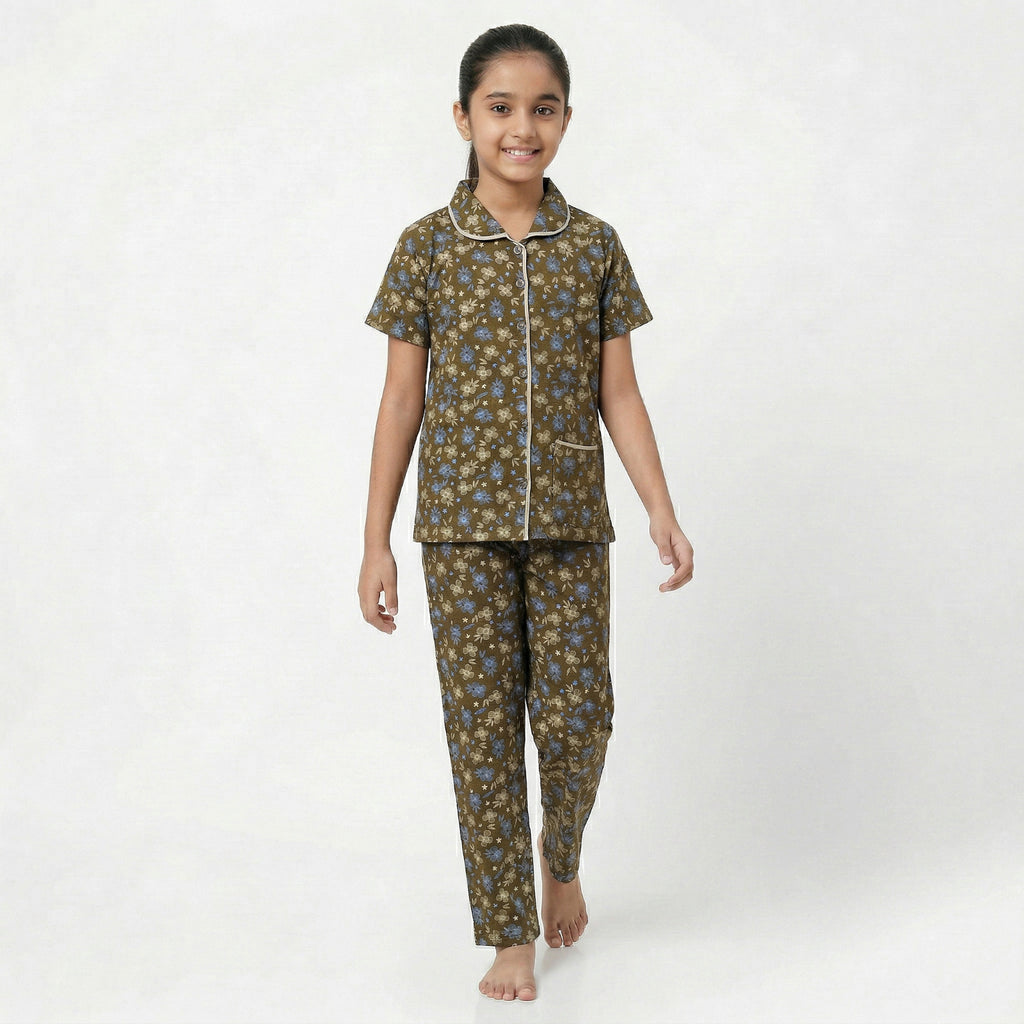Cute wear Night Suit Cotton Night Dress of Shirt and Pajama Set (Colarset) - Any 1 Color Random