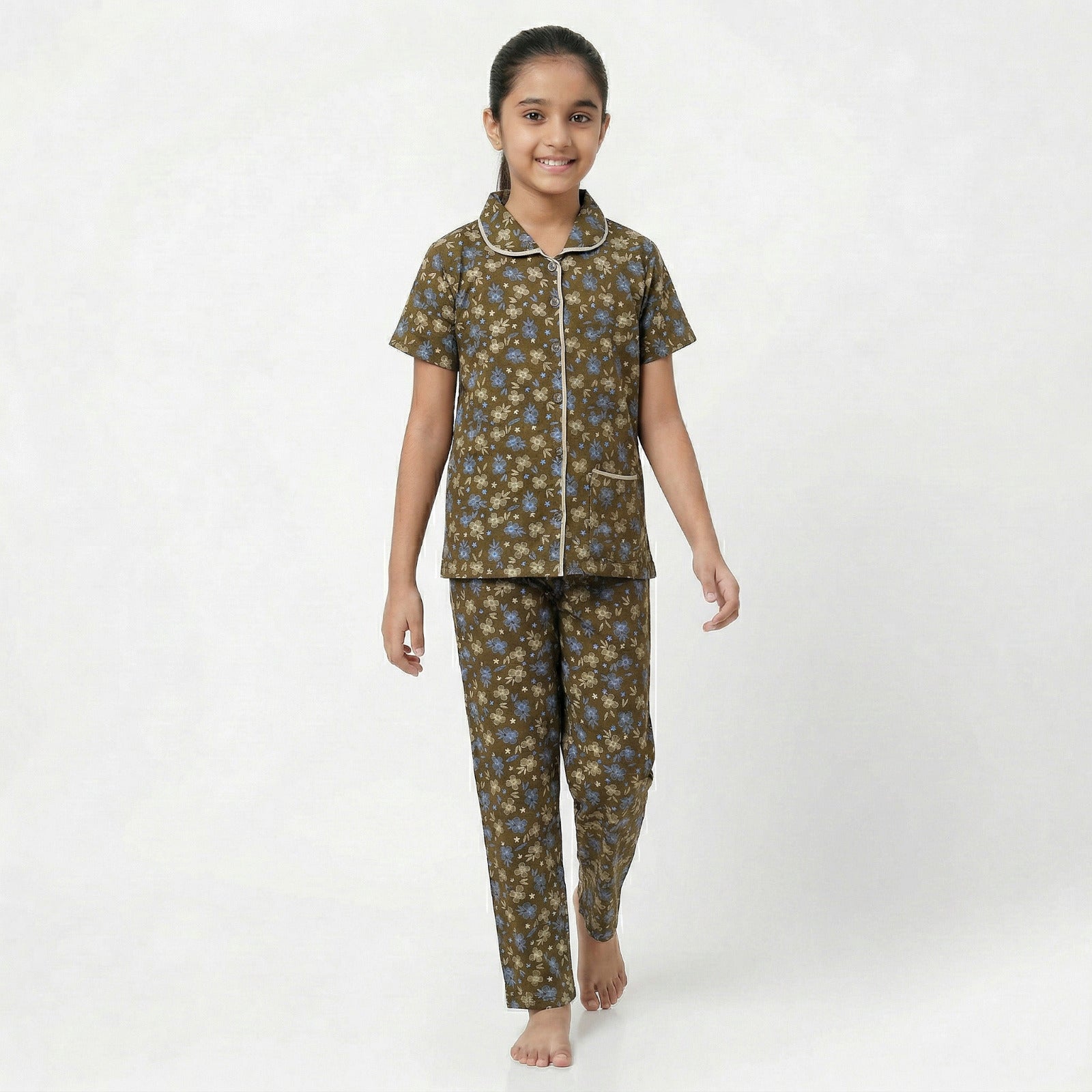 Cute wear Night Suit Cotton Night Dress of Shirt and Pajama Set (Colarset) - Any 1 Color Random
