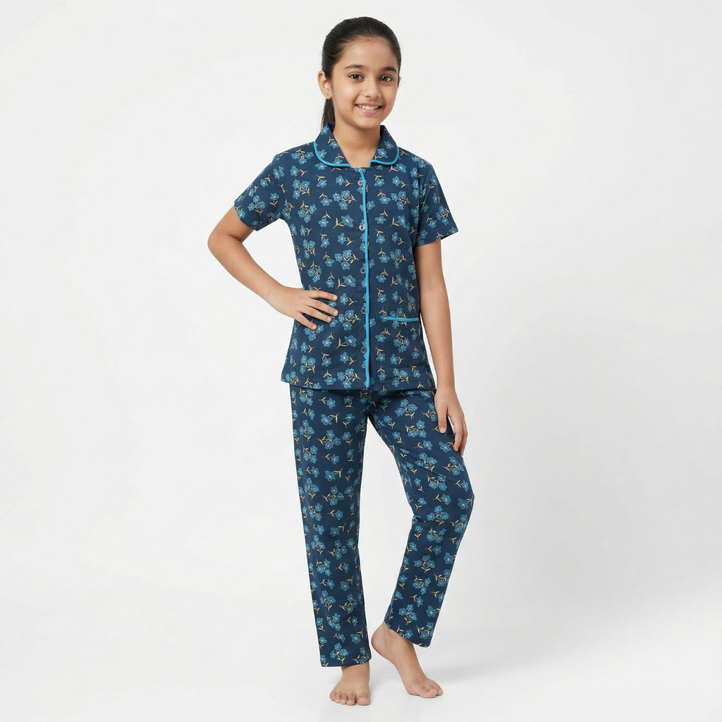 Cute wear Night Suit Cotton Night Dress of Shirt and Pajama Set (Colarset) - Any 1 Color Random