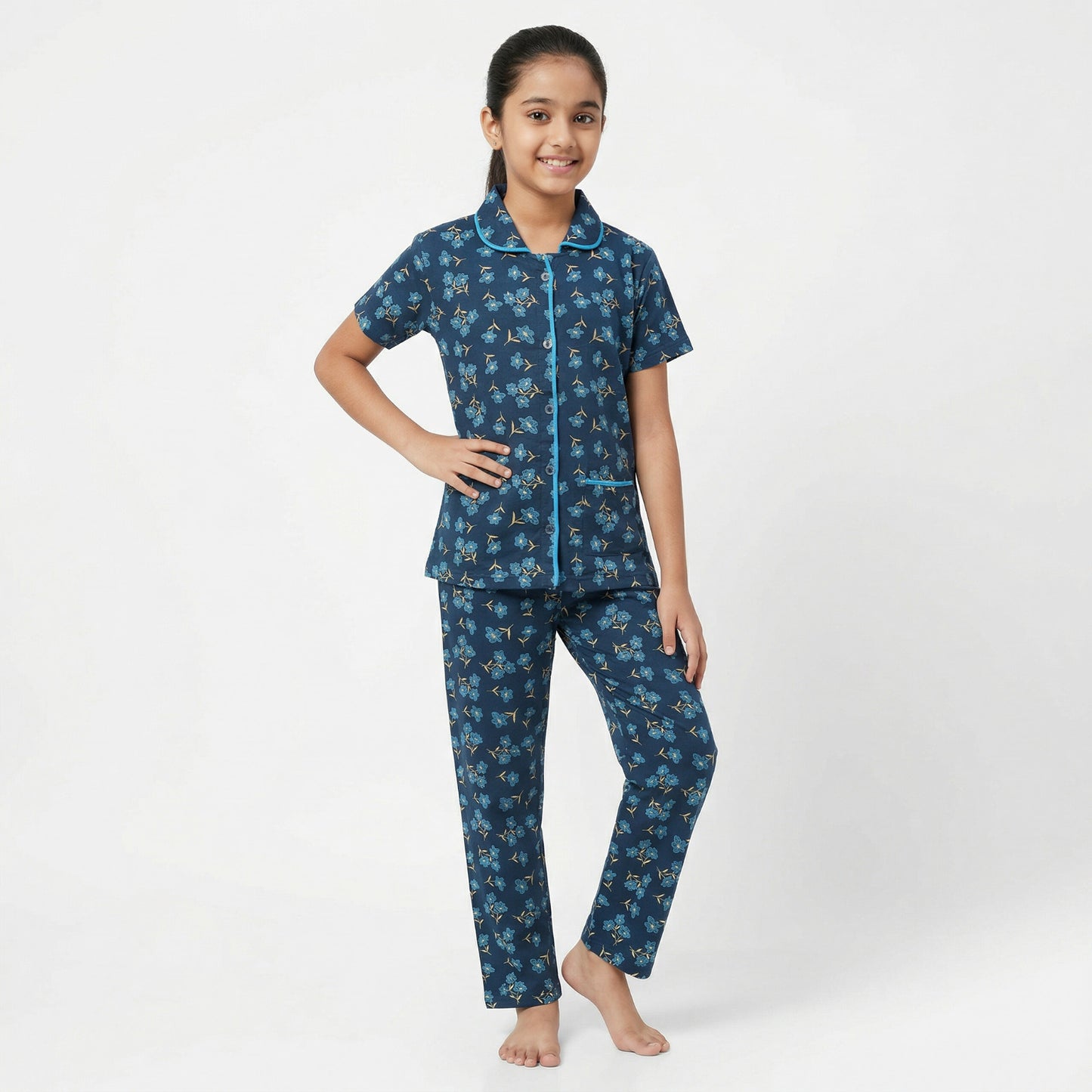 Girls Cute wear Night Suit Cotton Night Dress of Shirt and Pajama Set (Collarset) - Any 1 Color Random