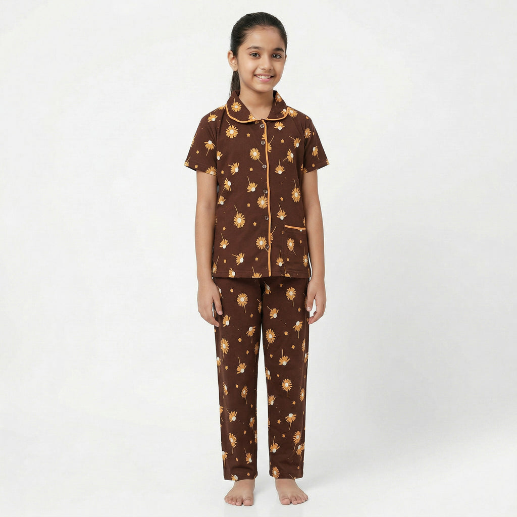 Cute wear Night Suit Cotton Night Dress of Shirt and Pajama Set (Colarset) - Any 1 Color Random