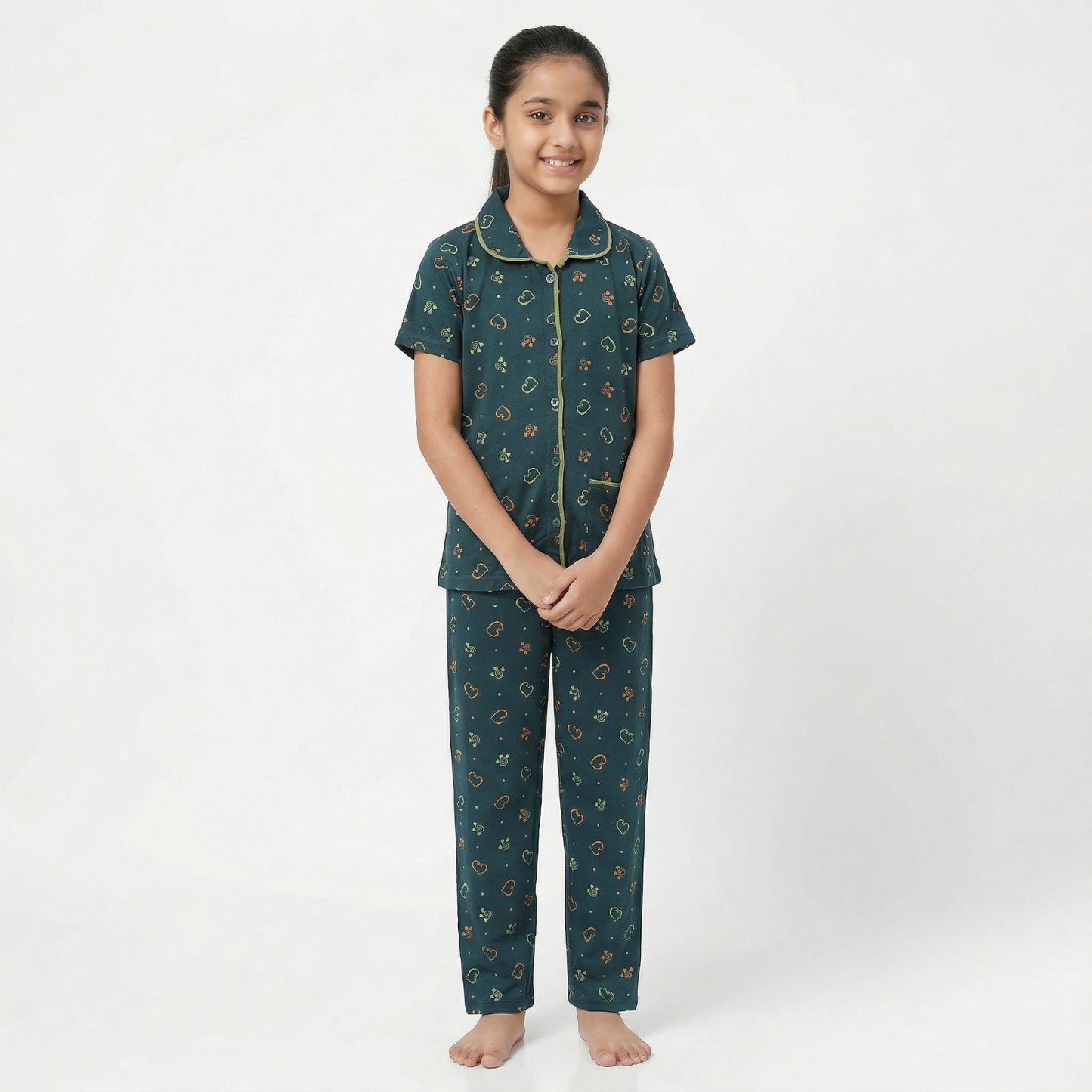 Girls Cute wear Night Suit Cotton Night Dress of Shirt and Pajama Set (Collarset) - Any 1 Color Random