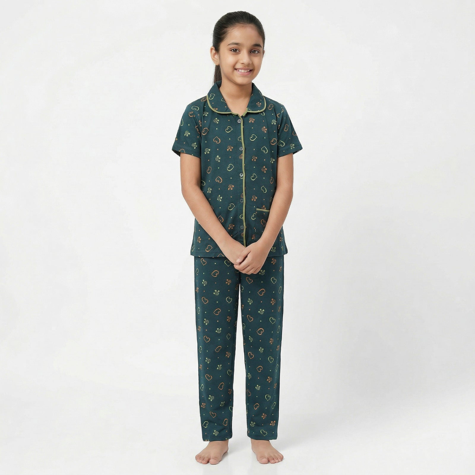 Cute wear Night Suit Cotton Night Dress of Shirt and Pajama Set (Colarset) - Any 1 Color Random
