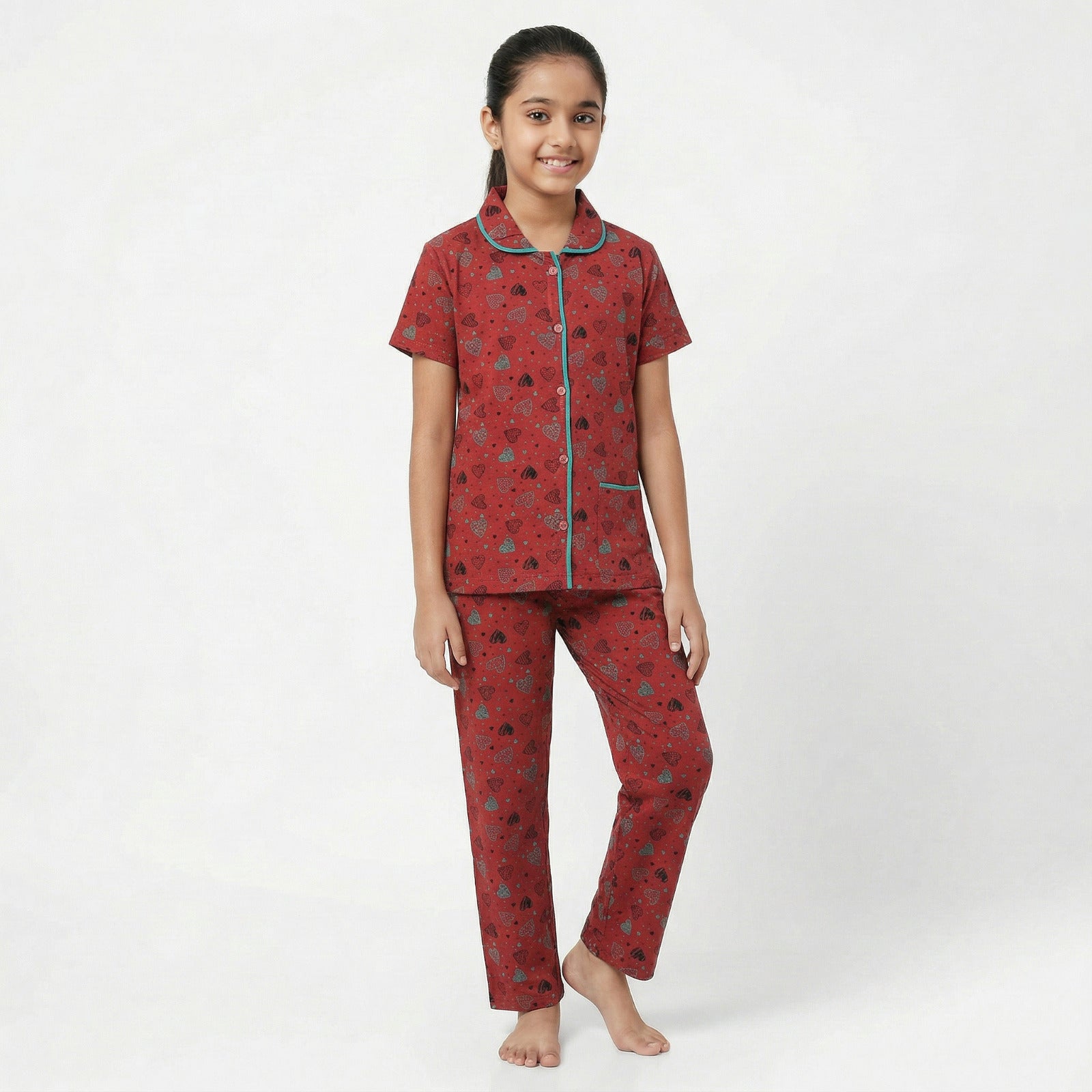 Cute wear Night Suit Cotton Night Dress of Shirt and Pajama Set (Colarset) - Any 1 Color Random