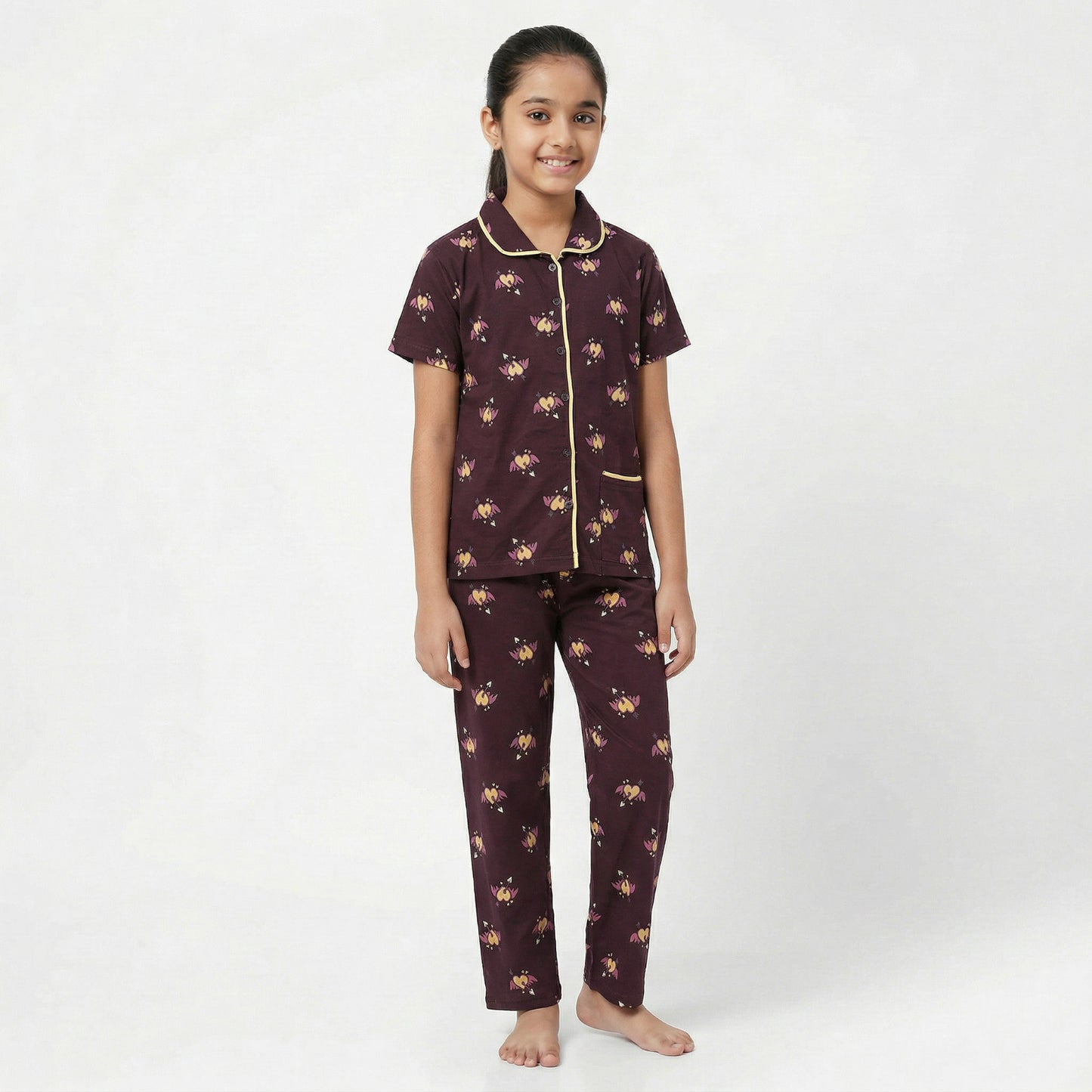 Girls Cute wear Night Suit Cotton Night Dress of Shirt and Pajama Set (Collarset) - Any 1 Color Random