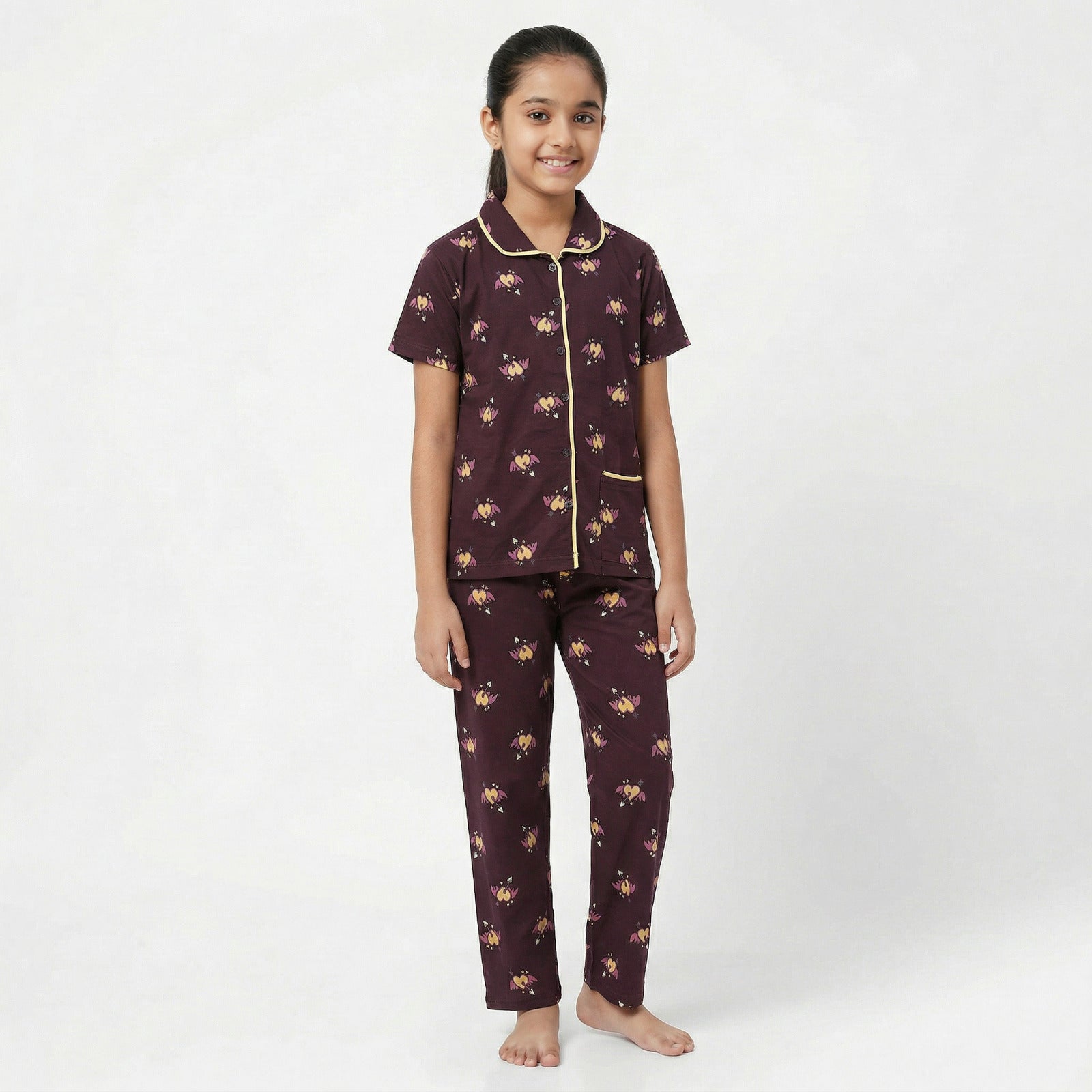 Cute wear Night Suit Cotton Night Dress of Shirt and Pajama Set (Colarset) - Any 1 Color Random