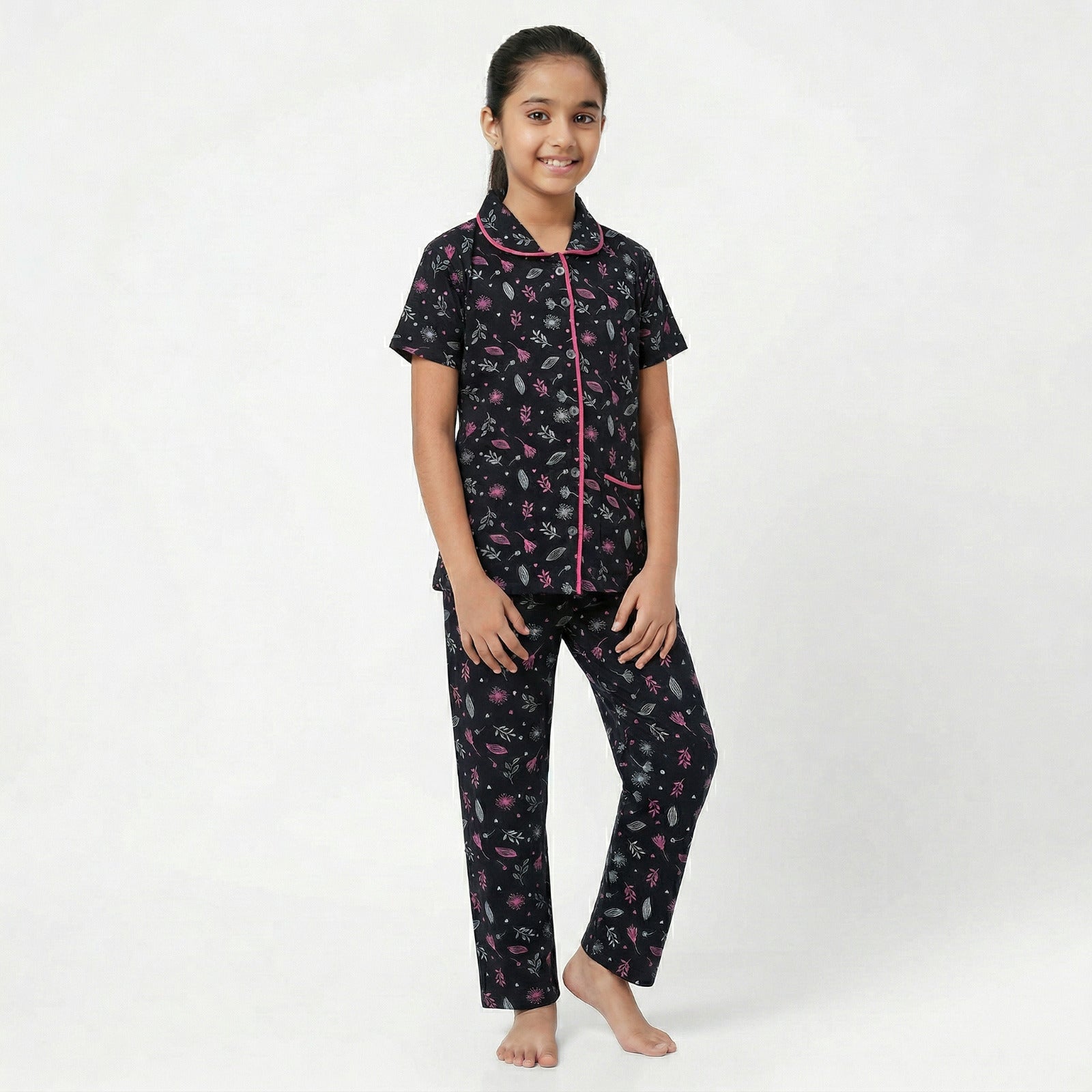 Cute wear Night Suit Cotton Night Dress of Shirt and Pajama Set (Colarset) - Any 1 Color Random