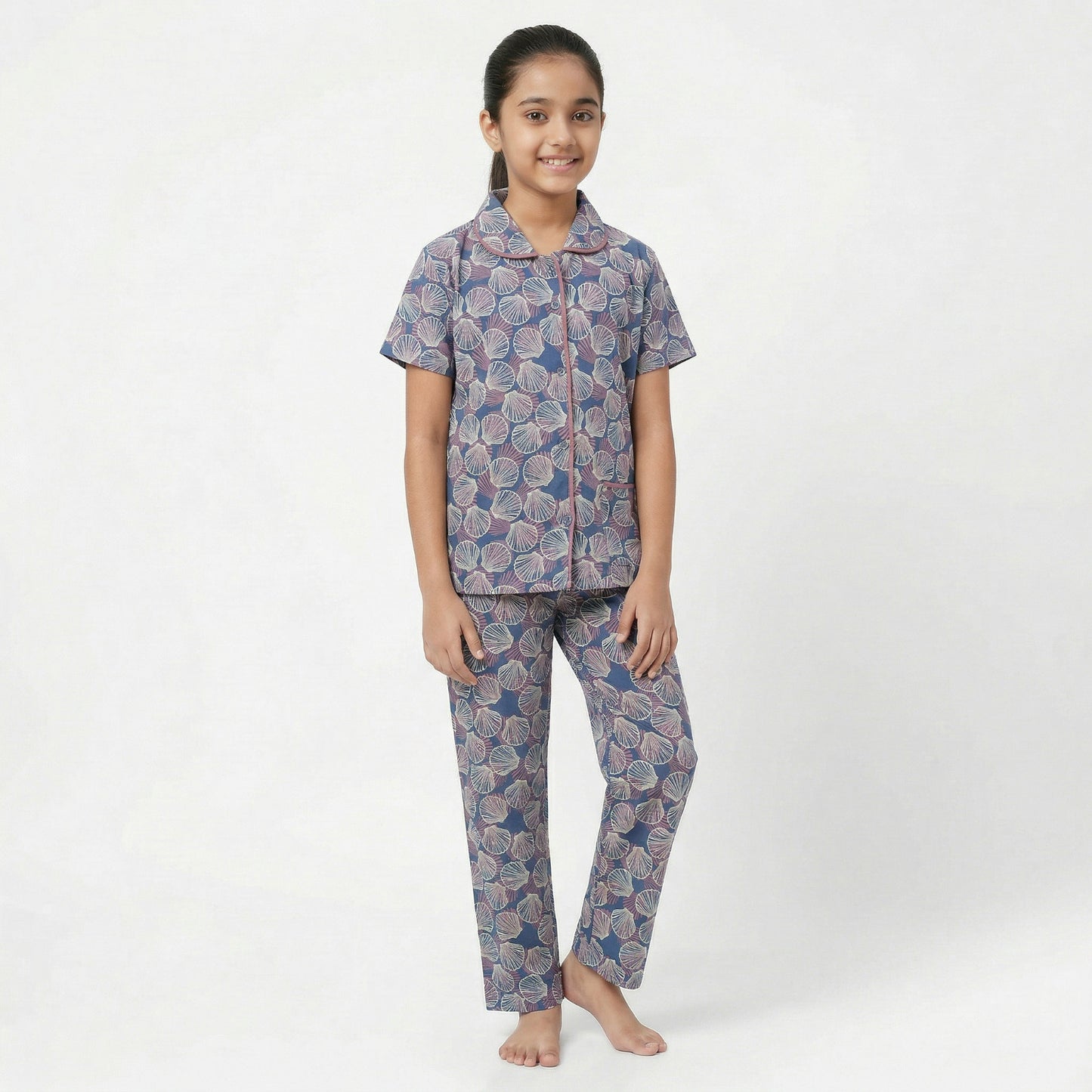 Girls Cute wear Night Suit Cotton Night Dress of Shirt and Pajama Set (Collarset) - Any 1 Color Random