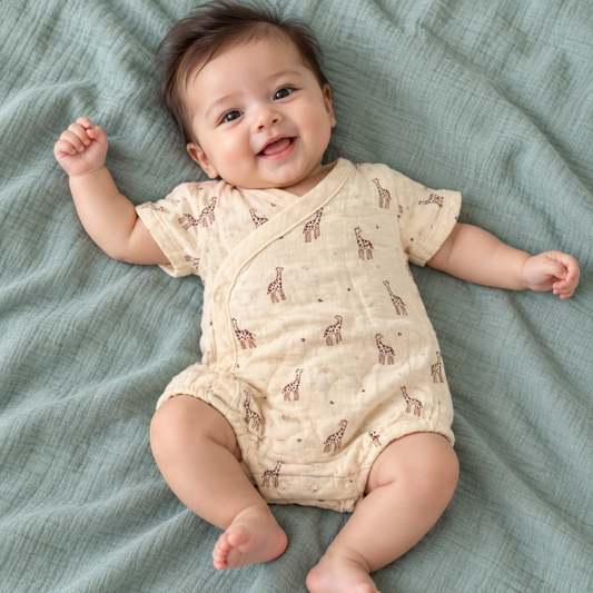 100% Pure Muslin Baby Romper – Giraffe Print